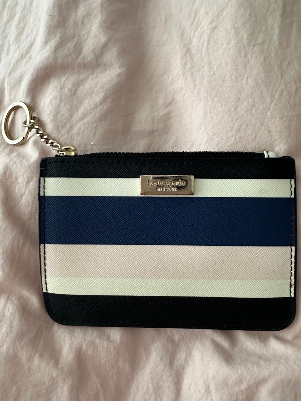 kate spade Navy, White & Black Striped Zip Card Case with Keyring